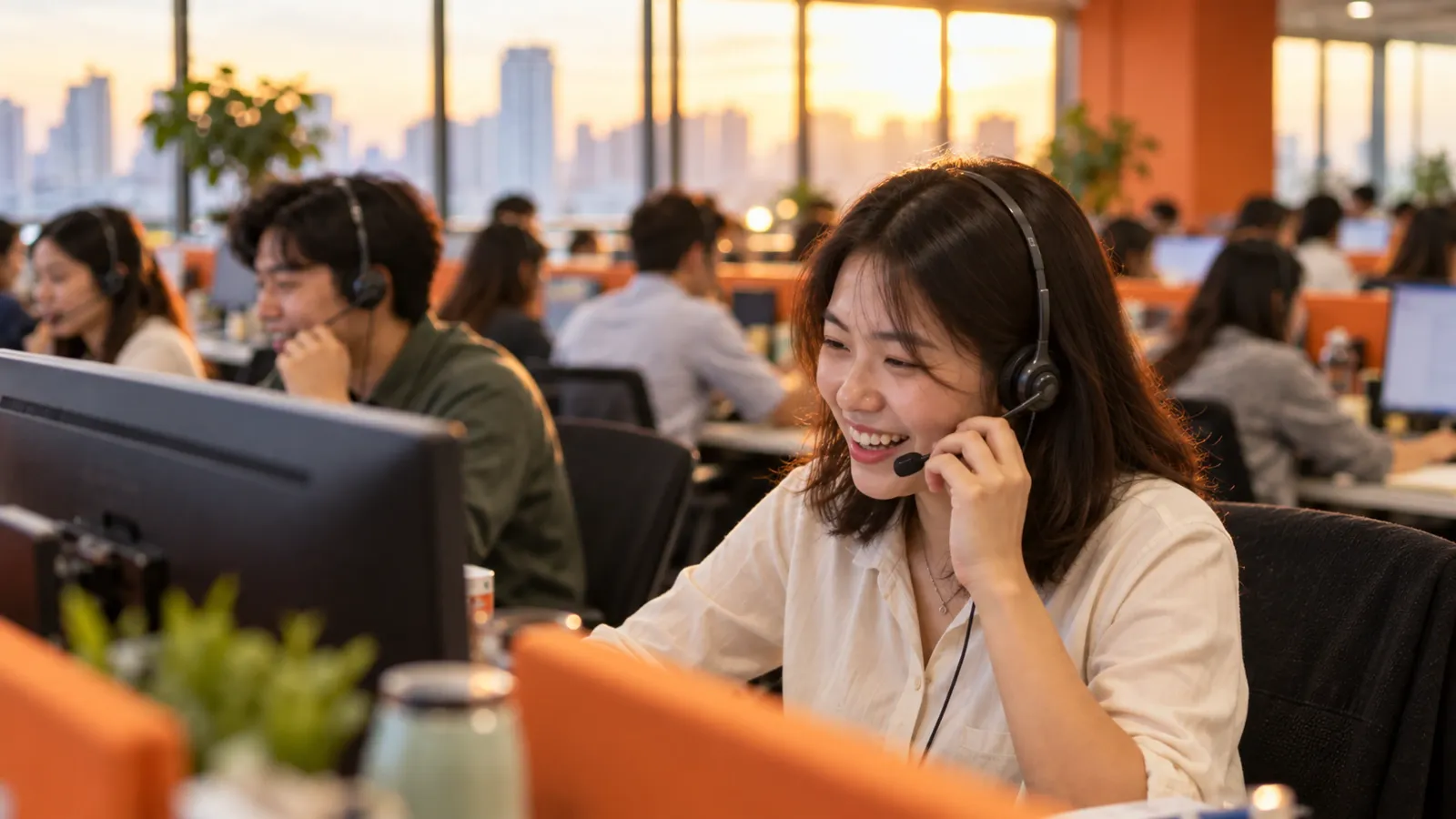 A telesales agent smiles during a call at her desk